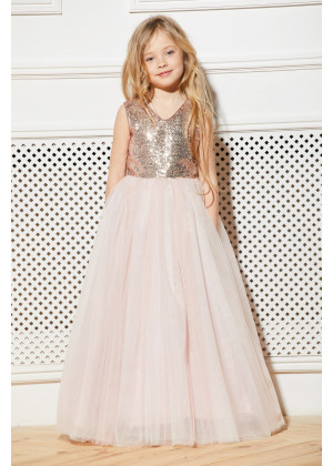 Rose Gold Sequin Blush Pink Tulle Classic Long Flower Girl Dress